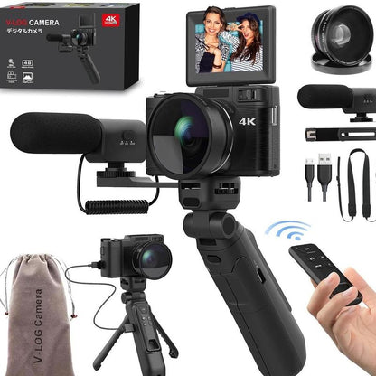 4K Digital Camera with Creator Accessory Kit 48MP Remote Control Vlogging Camera for Vloggers Autofocus Flip Screen Photography Cameras with Tripod Grip, Wide-Angle & Macro Lens, Mic, Batteries Full HD Camcorder with Remote and Fill Light