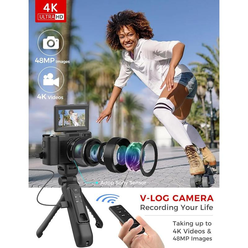4K Digital Camera with Creator Accessory Kit 48MP Remote Control Vlogging Camera for Vloggers Autofocus Flip Screen Photography Cameras with Tripod Grip, Wide-Angle & Macro Lens, Mic, Batteries Full HD Camcorder with Remote and Fill Light