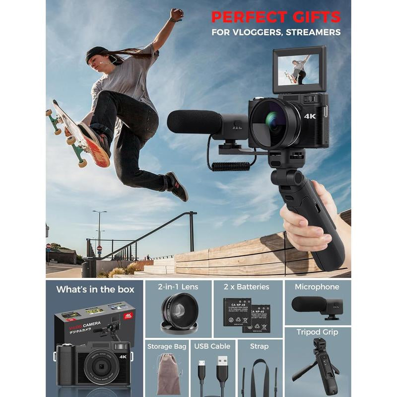 4K Digital Camera with Creator Accessory Kit 48MP Remote Control Vlogging Camera for Vloggers Autofocus Flip Screen Photography Cameras with Tripod Grip, Wide-Angle & Macro Lens, Mic, Batteries Full HD Camcorder with Remote and Fill Light