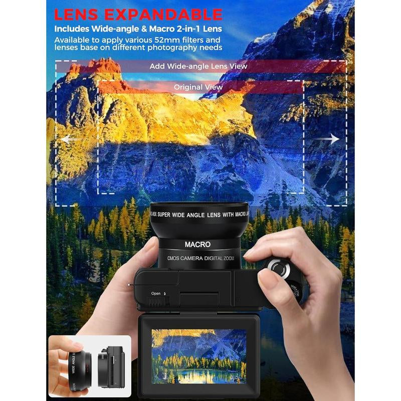 4K Digital Camera with Creator Accessory Kit 48MP Remote Control Vlogging Camera for Vloggers Autofocus Flip Screen Photography Cameras with Tripod Grip, Wide-Angle & Macro Lens, Mic, Batteries Full HD Camcorder with Remote and Fill Light