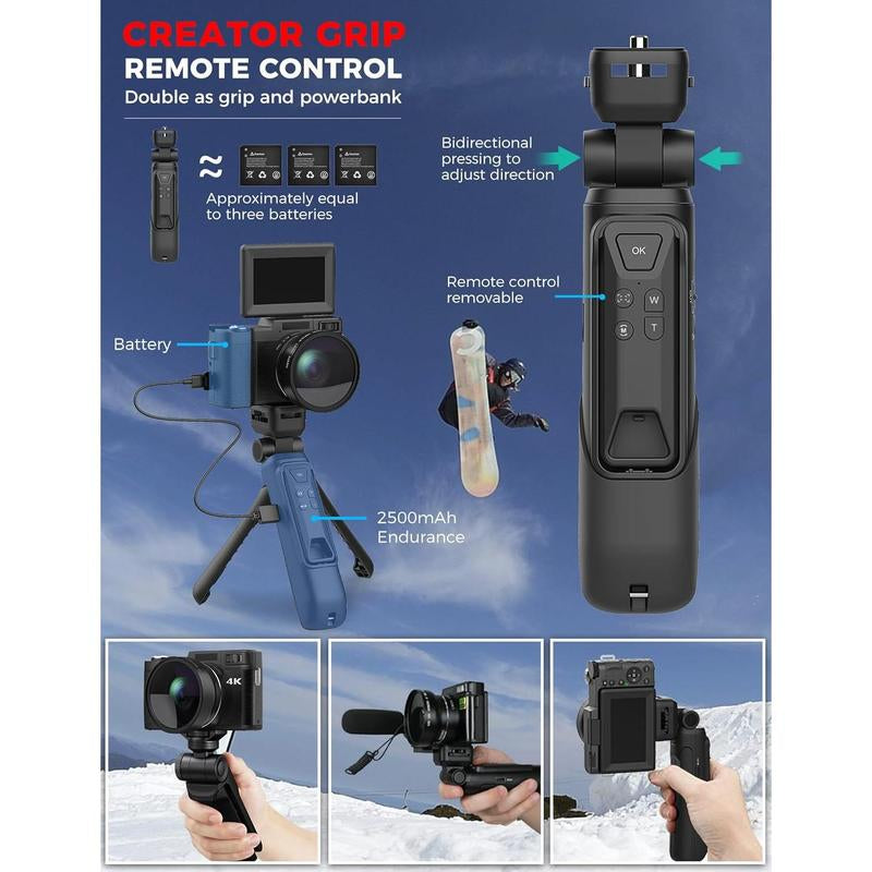 4K Digital Camera with Creator Accessory Kit 48MP Remote Control Vlogging Camera for Vloggers Autofocus Flip Screen Photography Cameras with Tripod Grip, Wide-Angle & Macro Lens, Mic, Batteries Full HD Camcorder with Remote and Fill Light
